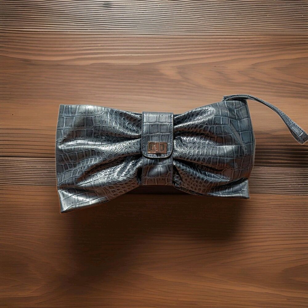 1980's Clutch Box Purse Metallic, Faux Snakeskin, Gray, 14" x 8"